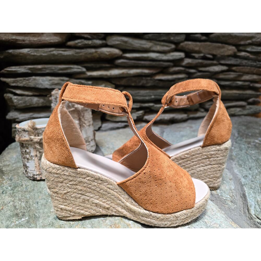 Camel Suede Wedge Heel Sandal